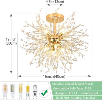 Preview: Moderne Kristall-Deckenleuchte, Kristall-Kronleuchter „Feuerwerk“, 8-flammige goldene Deckenleuchte, dimmbare Pendelleuchte, Kristalllampe für Wohnzimmer, Schlafzimmer, Esszimmer, Küche, Flur [Energieklasse F]