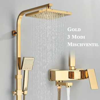 Luxuriöses Golden Duschsystem mit 3 Funktionen, Regendusche und Handbrause