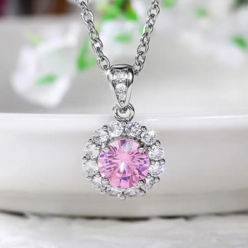 Romantische Halskette mit rosa Kristallanhänger – versilberte Schlüsselbeinkette für Damen
