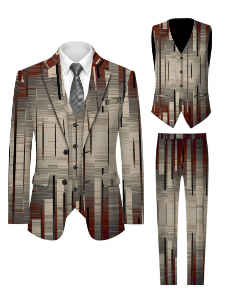 3-teiliges Anzugset für Herren: Anzug mit Weste und Hose, Digitaldruck, ideal für Business und Reisen. Modischer Anzug für Bankette, Hochzeiten und andere festliche Anlässe. Vertikal gestreiftes, geometrisches Muster.