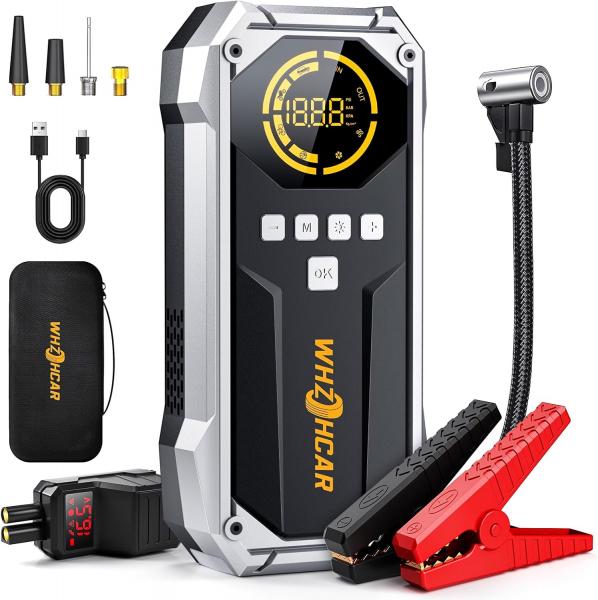 Starthilfe-Powerbank mit Kompressor (26800 mAh, 6000 A Spitzenleistung, 150 PSI Kompressor, LCD-Display), tragbare Starthilfe-Powerbank mit LED-Taschenlampe