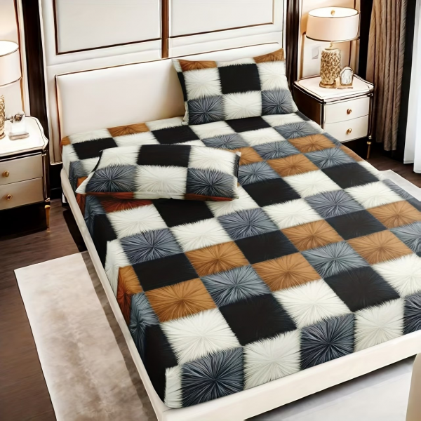 3-teiliges Premium-Spannbettlaken-Set mit geometrischem Muster | Enthält 1 Spannbettlaken und 2 Kissenbezüge, komfortabel und stilvoll, geeignet für alle Schlafzimmergrößen und Hotels, ganzjährig verwendbar, Polyester, maschinenwaschbar