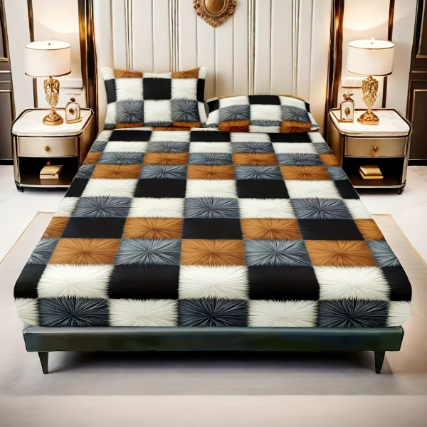 3-teiliges Premium-Spannbettlaken-Set mit geometrischem Muster | Enthält 1 Spannbettlaken und 2 Kissenbezüge, komfortabel und stilvoll, geeignet für alle Schlafzimmergrößen und Hotels, ganzjährig verwendbar, Polyester, maschinenwaschbar