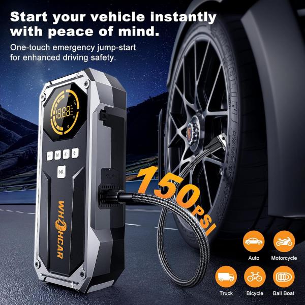 Starthilfe-Powerbank mit Kompressor (26800 mAh, 6000 A Spitzenleistung, 150 PSI Kompressor, LCD-Display), tragbare Starthilfe-Powerbank mit LED-Taschenlampe