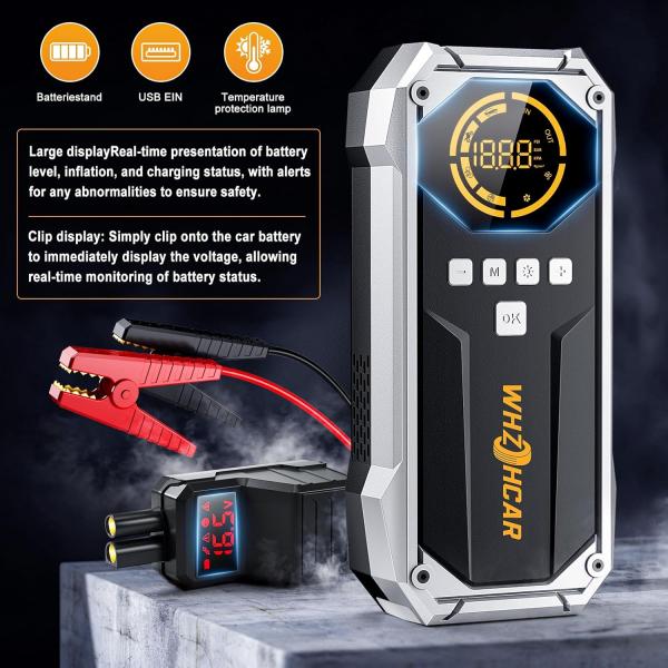 Starthilfe-Powerbank mit Kompressor (26800 mAh, 6000 A Spitzenleistung, 150 PSI Kompressor, LCD-Display), tragbare Starthilfe-Powerbank mit LED-Taschenlampe