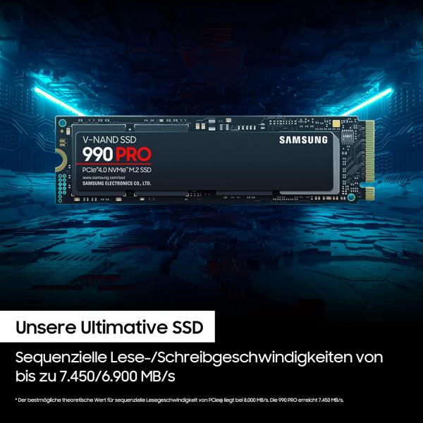Samsung 990 PRO NVMe M.2 SSD, 2 TB, PCIe 4.0, 7450 MB/s Lesen, 6900 MB/s Schreiben, Interne SSD, Interne SSD für Gaming und Videobearbeitung, Schwarz, MZ-V9P2T0BW