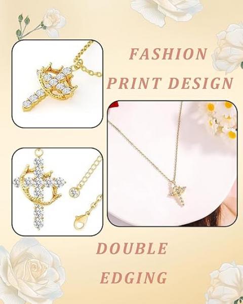 ZephyrHome Vergoldete gepflasterte Kreuzkette mit gedrehter Krone für Damen, 14 Karat drehbare Krone mit Zirkon, elegante Kreuzanhänger-Kette für Frauen, modische Goldkette mit Krone und Kreuzsymbol
