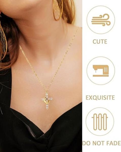 ZephyrHome Vergoldete gepflasterte Kreuzkette mit gedrehter Krone für Damen, 14 Karat drehbare Krone mit Zirkon, elegante Kreuzanhänger-Kette für Frauen, modische Goldkette mit Krone und Kreuzsymbol