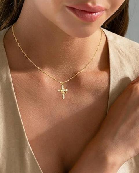 ZephyrHome Vergoldete gepflasterte Kreuzkette mit gedrehter Krone für Damen, 14 Karat drehbare Krone mit Zirkon, elegante Kreuzanhänger-Kette für Frauen, modische Goldkette mit Krone und Kreuzsymbol