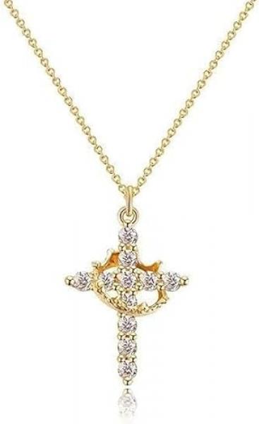 ZephyrHome Vergoldete gepflasterte Kreuzkette mit gedrehter Krone für Damen, 14 Karat drehbare Krone mit Zirkon, elegante Kreuzanhänger-Kette für Frauen, modische Goldkette mit Krone und Kreuzsymbol