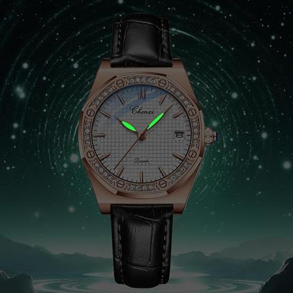 5 Stück Klassische, elegante Damen-Quarzuhr mit Strasssteinen, rechteckigem/rundem Zifferblatt, Datumsanzeige, wasserdicht bis 30 m, Business-Casual-Uhr mit Echtlederarmband