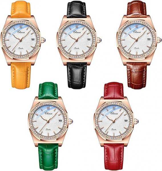 5 Stück Klassische, elegante Damen-Quarzuhr mit Strasssteinen, rechteckigem/rundem Zifferblatt, Datumsanzeige, wasserdicht bis 30 m, Business-Casual-Uhr mit Echtlederarmband