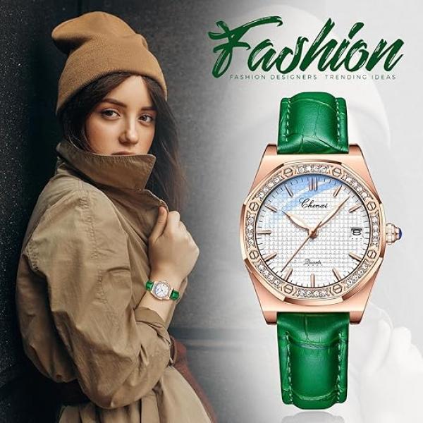 5 Stück Klassische, elegante Damen-Quarzuhr mit Strasssteinen, rechteckigem/rundem Zifferblatt, Datumsanzeige, wasserdicht bis 30 m, Business-Casual-Uhr mit Echtlederarmband