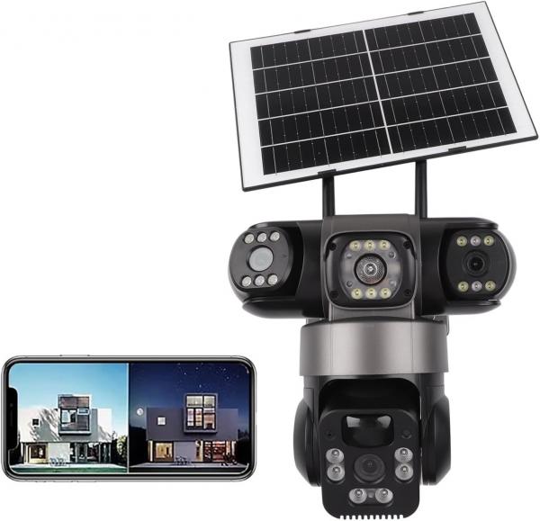 4K WLAN-Solar-Überwachungskamera für den Außenbereich mit drei Objektiven, 360°-PTZ-Funktion, Farbnachtsicht, IP66 wasserdicht, Bewegungserkennung, Cloud- und TF-Speicher