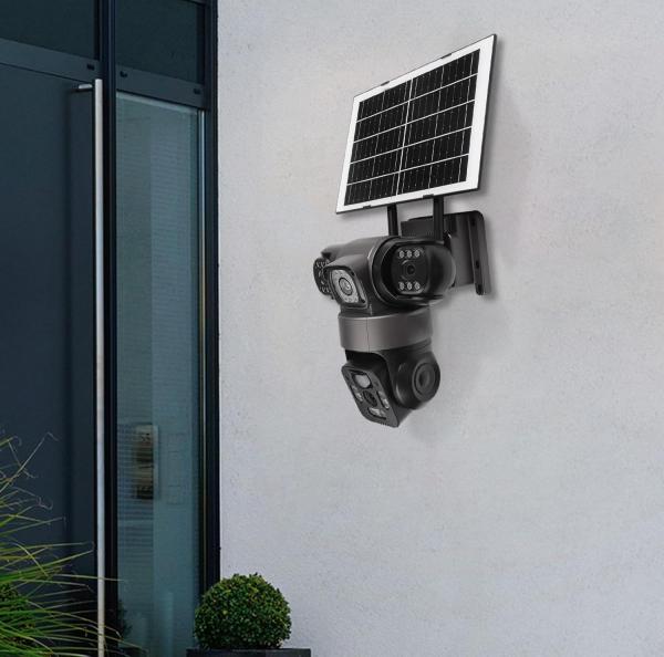 4K WLAN-Solar-Überwachungskamera für den Außenbereich mit drei Objektiven, 360°-PTZ-Funktion, Farbnachtsicht, IP66 wasserdicht, Bewegungserkennung, Cloud- und TF-Speicher