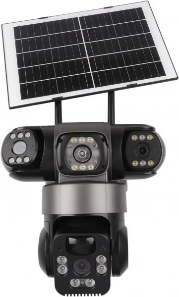 4K WLAN-Solar-Überwachungskamera für den Außenbereich mit drei Objektiven, 360°-PTZ-Funktion, Farbnachtsicht, IP66 wasserdicht, Bewegungserkennung, Cloud- und TF-Speicher