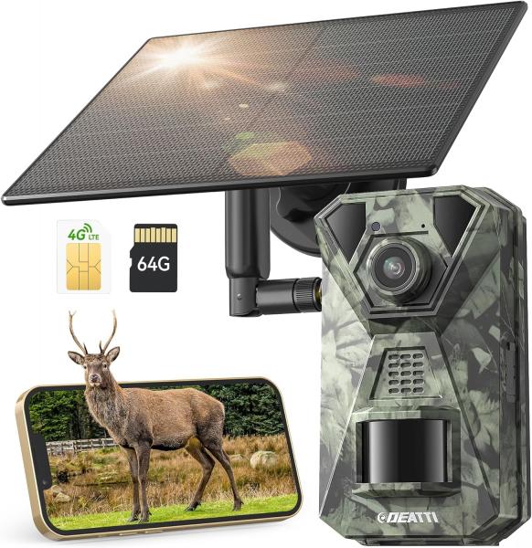 4G LTE Wildkamera mit Smartphone-App, 2,7K Solar-Wildkamera mit SIM-Karte, PIR-Bewegungsmelder, Nachtsicht, 120°-Weitwinkel, IP66, 64 GB SD-Karte und 7800-mAh-Akku