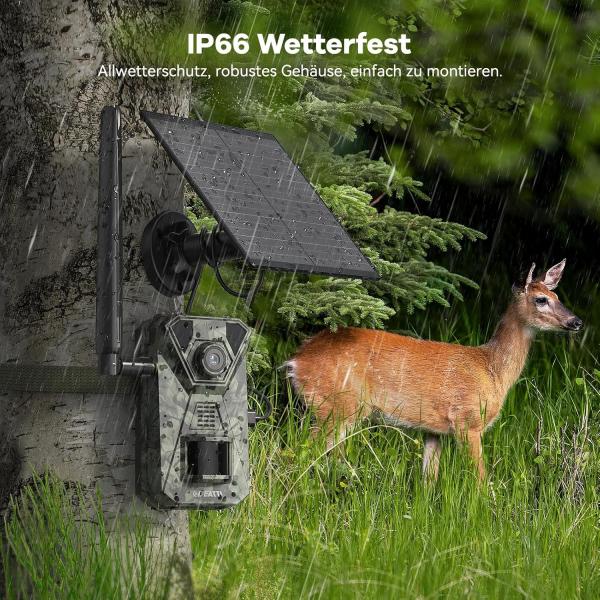 4G LTE Wildkamera mit Smartphone-App, 2,7K Solar-Wildkamera mit SIM-Karte, PIR-Bewegungsmelder, Nachtsicht, 120°-Weitwinkel, IP66, 64 GB SD-Karte und 7800-mAh-Akku