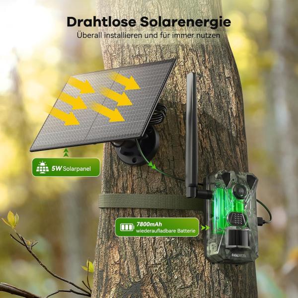 4G LTE Wildkamera mit Smartphone-App, 2,7K Solar-Wildkamera mit SIM-Karte, PIR-Bewegungsmelder, Nachtsicht, 120°-Weitwinkel, IP66, 64 GB SD-Karte und 7800-mAh-Akku