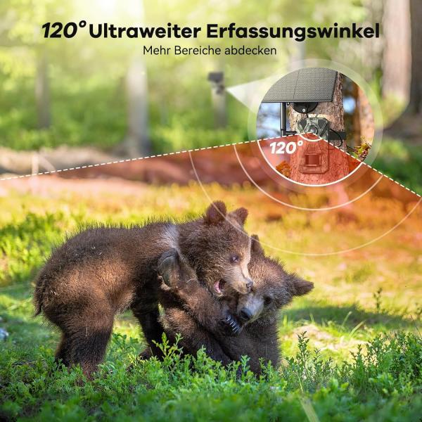 4G LTE Wildkamera mit Smartphone-App, 2,7K Solar-Wildkamera mit SIM-Karte, PIR-Bewegungsmelder, Nachtsicht, 120°-Weitwinkel, IP66, 64 GB SD-Karte und 7800-mAh-Akku