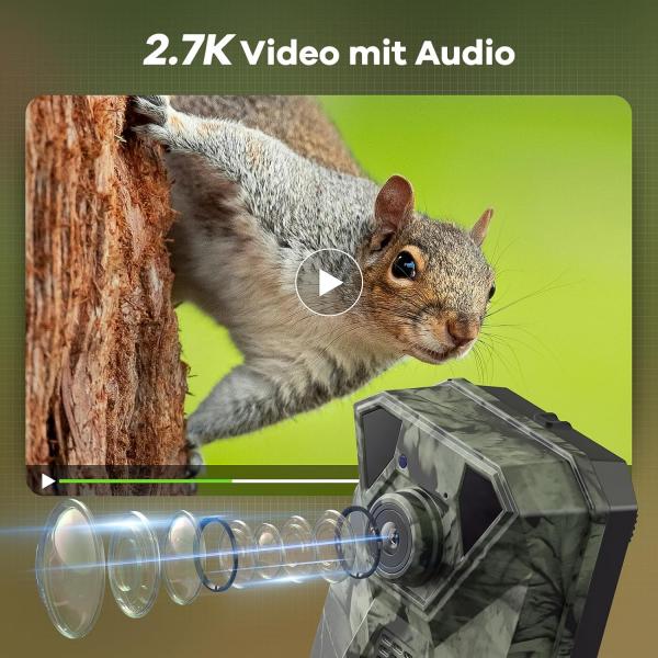 4G LTE Wildkamera mit Smartphone-App, 2,7K Solar-Wildkamera mit SIM-Karte, PIR-Bewegungsmelder, Nachtsicht, 120°-Weitwinkel, IP66, 64 GB SD-Karte und 7800-mAh-Akku