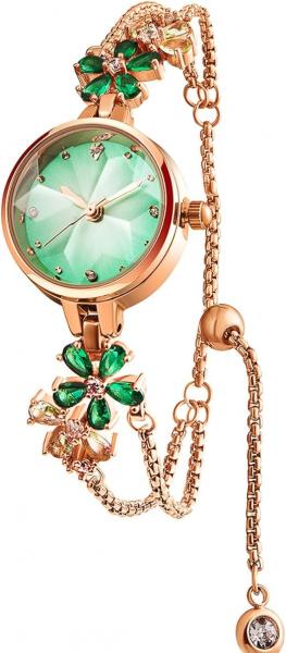 Japanische Damenuhr mit Quarzwerk, modisches Design, 18 Karat Gelbgold ionenplattiert, roségoldfarbenes Edelstahl-/Messingarmband mit Diamanten