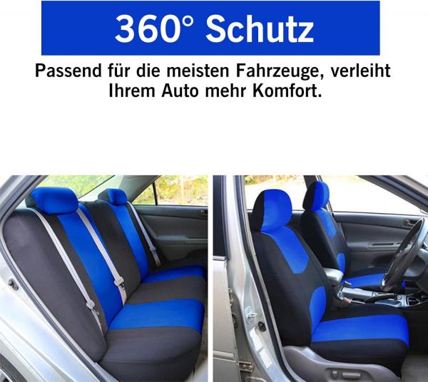 Universelles Autositzbezug-Set, atmungsaktiv, strapazierfähig, waschbar, 5-Sitzer-Schutzbezüge für Vordersitze und Kopfstützen, Schutz für den Fahrzeuginnenraum in allen vier Jahreszeiten, schmutzabweisend (Schwarz/Blau)