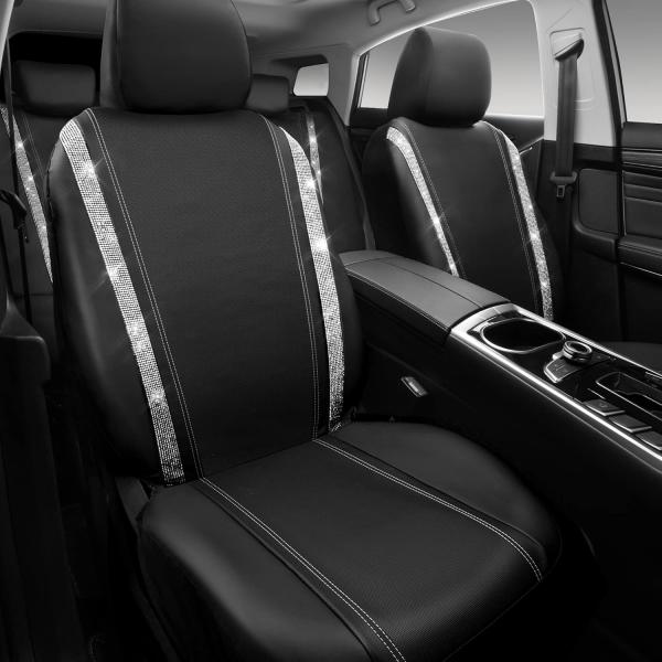 Wasserdichte Autositzbezüge aus Leder, Komplettset mit Strasssteinen, funkelnd und mit Kristallverzierungen, universell passend für 95 % aller Pkw, Lkw und SUVs (Komplettset, Silber)