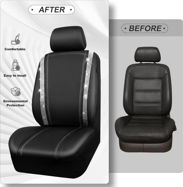 Wasserdichte Autositzbezüge aus Leder, Komplettset mit Strasssteinen, funkelnd und mit Kristallverzierungen, universell passend für 95 % aller Pkw, Lkw und SUVs (Komplettset, Silber)