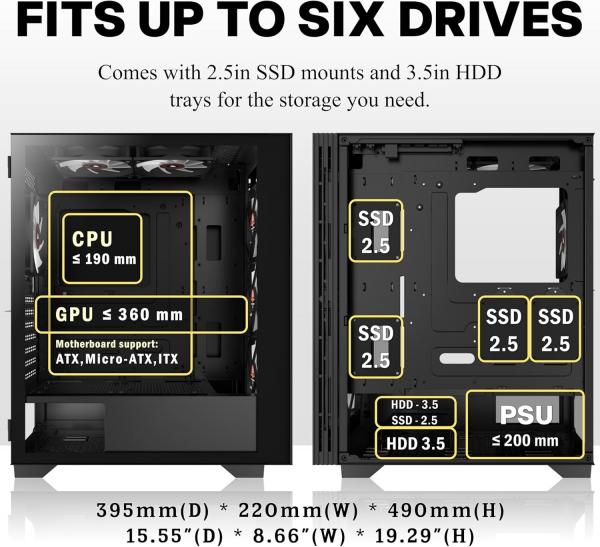 PC-Gehäuse, vorinstallierte 6 PWM ARGB-Gehäuselüfter, ATX-Midi-Tower, Gaming-Gehäuse mit Seitenteil aus gehärtetem Glas, Mesh-Gehäuse, Schwarz