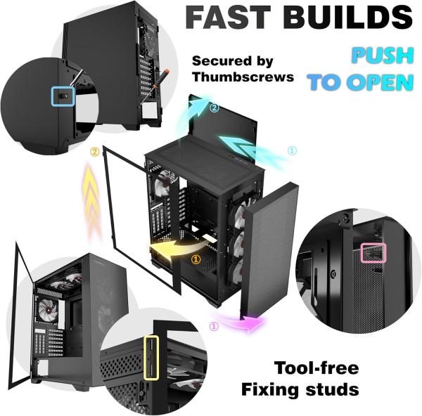 PC-Gehäuse, vorinstallierte 6 PWM ARGB-Gehäuselüfter, ATX-Midi-Tower, Gaming-Gehäuse mit Seitenteil aus gehärtetem Glas, Mesh-Gehäuse, Schwarz