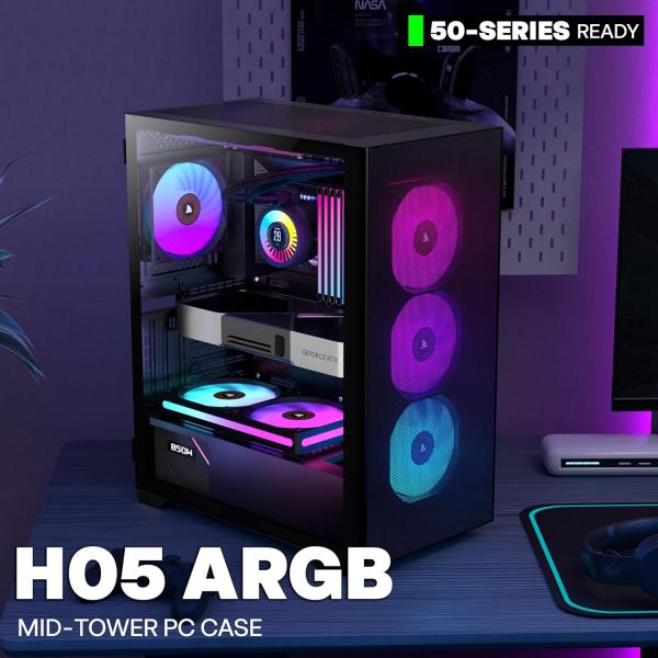 PC-Gehäuse, vorinstallierte 6 PWM ARGB-Gehäuselüfter, ATX-Midi-Tower, Gaming-Gehäuse mit Seitenteil aus gehärtetem Glas, Mesh-Gehäuse, Schwarz