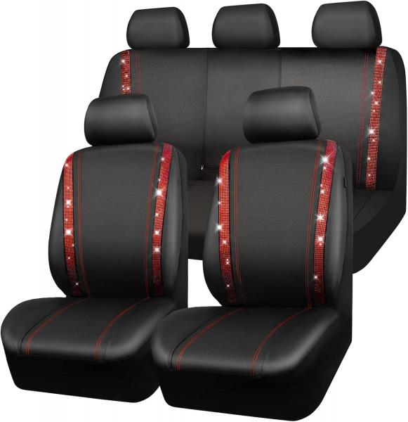 Wasserdichte Autositzbezüge aus Leder, Komplettset mit Strasssteinen, funkelnd und mit Kristallverzierungen, universell passend für 95 % aller Pkw, Lkw und SUVs (Komplettset, Rot)