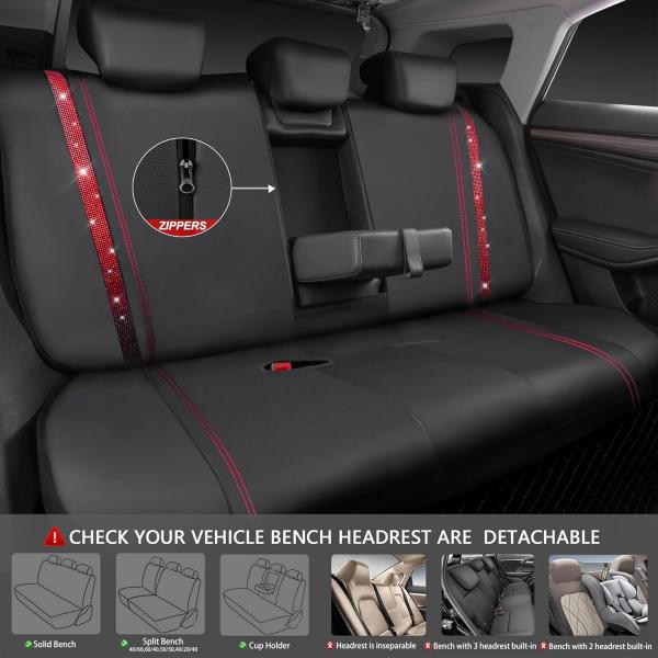 Wasserdichte Autositzbezüge aus Leder, Komplettset mit Strasssteinen, funkelnd und mit Kristallverzierungen, universell passend für 95 % aller Pkw, Lkw und SUVs (Komplettset, Rot)