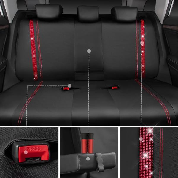 Wasserdichte Autositzbezüge aus Leder, Komplettset mit Strasssteinen, funkelnd und mit Kristallverzierungen, universell passend für 95 % aller Pkw, Lkw und SUVs (Komplettset, Rot)