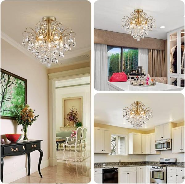 Kristall-Kronleuchter, Deckenleuchte, modernes Design für Schlafzimmer, Flur, Bar, Küche, Badezimmer, H 45 x B 50 cm, E14-Fassung, Gold