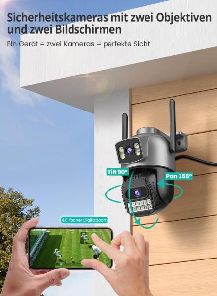 2,5K-Außenkamera – 2,4/5-GHz-WLAN-360°-PTZ-Überwachungskamera mit Dual-Objektiv, Farbnachtsicht, intelligenter Verfolgung, Zwei-Wege-Audio, kostenlosem Cloud-Speicher und Schutzart IP66