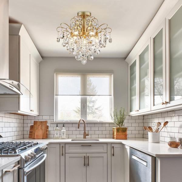 Kristall-Kronleuchter, Deckenleuchte, modernes Design für Schlafzimmer, Flur, Bar, Küche, Badezimmer, H 45 x B 50 cm, E14-Fassung, Gold