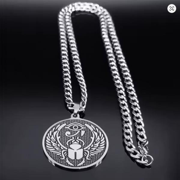 Halskette mit Horusauge und Skarabäus-Mistkäfer-Amulett für Damen und Herren, Edelstahl, ägyptischer Anhänger, runder Schmuck