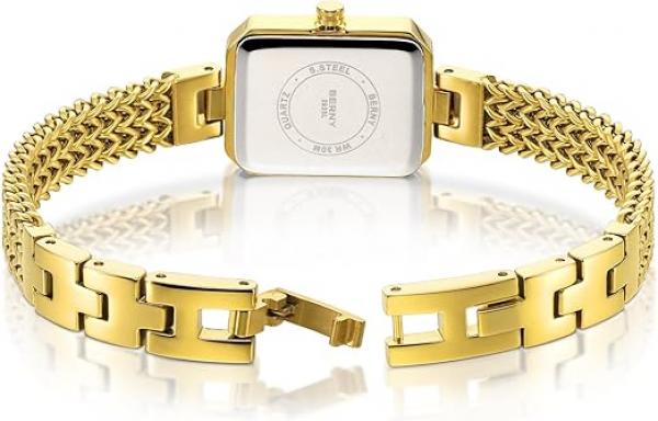  Damenuhr Gold, zierliches Armband, Gehäuse mit farbigen Steinen, 3 ATM wasserdicht, minimalistisches Uhren- und Armbandset