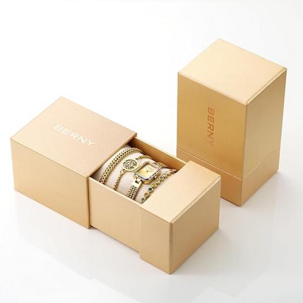  Damenuhr Gold, zierliches Armband, Gehäuse mit farbigen Steinen, 3 ATM wasserdicht, minimalistisches Uhren- und Armbandset