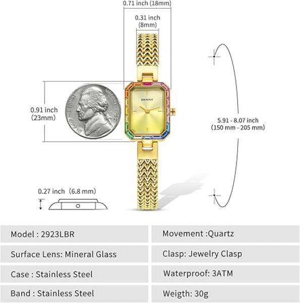  Damenuhr Gold, zierliches Armband, Gehäuse mit farbigen Steinen, 3 ATM wasserdicht, minimalistisches Uhren- und Armbandset