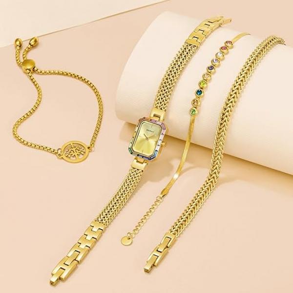  Damenuhr Gold, zierliches Armband, Gehäuse mit farbigen Steinen, 3 ATM wasserdicht, minimalistisches Uhren- und Armbandset