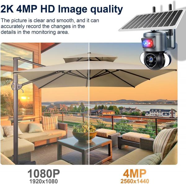 4G LTE Mobilfunk-Überwachungskamera mit SIM-Karte, 2K 4MP, Solarbetrieben, kabellos, für den Außenbereich, kein WLAN erforderlich, Nachtsicht, 360°-PTZ-Funktion, Bewegungsmelder, Flutlicht, wasserdicht