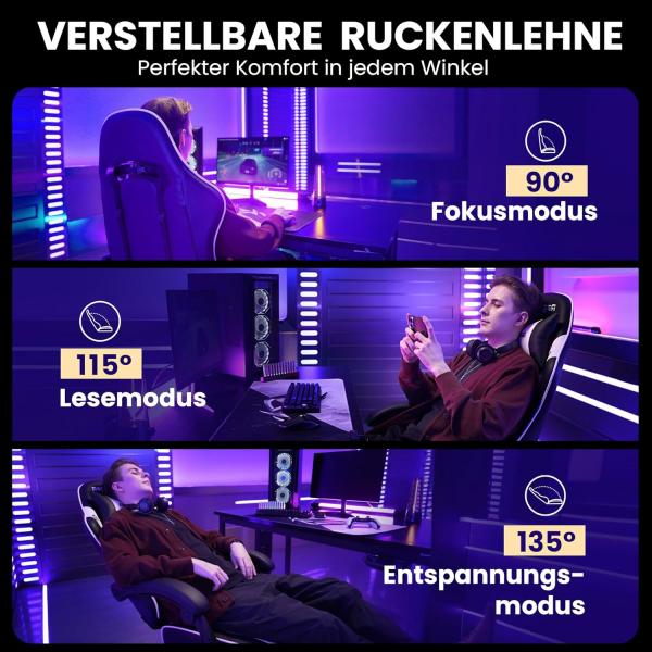 Gaming-Stuhl – Ergonomischer Gaming-Stuhl mit Fußstütze, Kopfstütze und Lendenwirbelstütze, höhenverstellbar, belastbar bis 150 kg, gepolstert, drehbar, schwarz