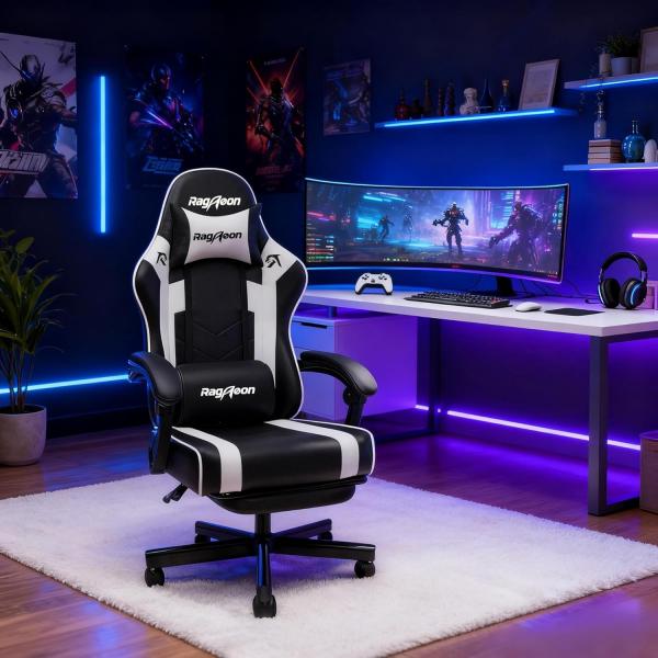 Gaming-Stuhl – Ergonomischer Gaming-Stuhl mit Fußstütze, Kopfstütze und Lendenwirbelstütze, höhenverstellbar, belastbar bis 150 kg, gepolstert, drehbar, schwarz