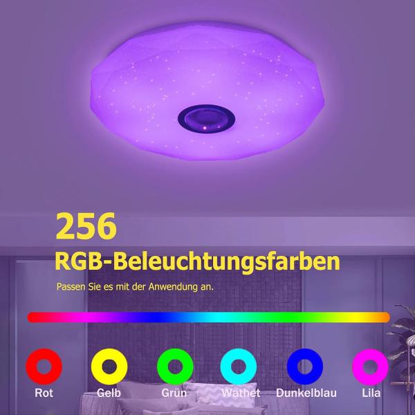 Dimmbare LED-Deckenleuchte mit Bluetooth-Lautsprecher, Fernbedienung oder App-Steuerung, RGB-Farbwechsel und Musikwiedergabe für Schlafzimmer, Bad und Wohnzimmer [Energieeffizienzklasse F]