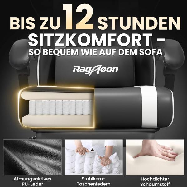 Gaming-Stuhl – Ergonomischer Gaming-Stuhl mit Fußstütze, Kopfstütze und Lendenwirbelstütze, höhenverstellbar, belastbar bis 150 kg, gepolstert, drehbar, schwarz