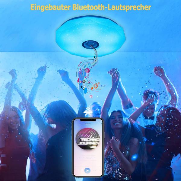 Dimmbare LED-Deckenleuchte mit Bluetooth-Lautsprecher, Fernbedienung oder App-Steuerung, RGB-Farbwechsel und Musikwiedergabe für Schlafzimmer, Bad und Wohnzimmer [Energieeffizienzklasse F]