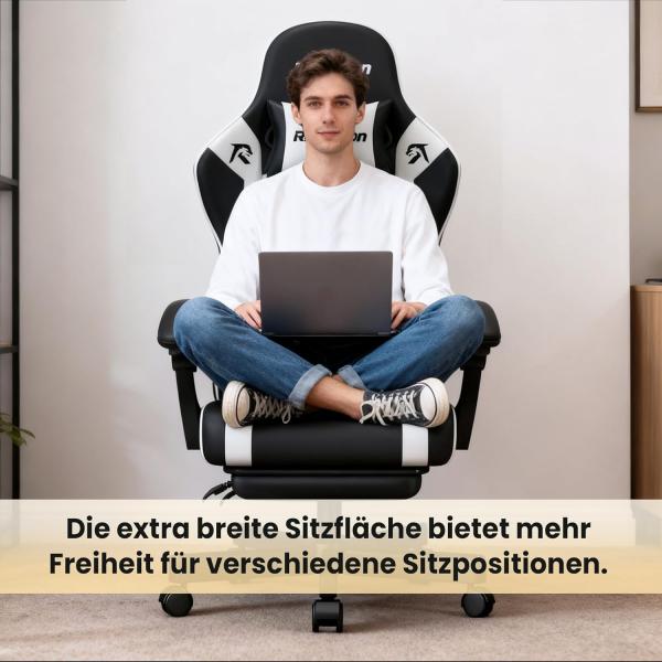 Gaming-Stuhl – Ergonomischer Gaming-Stuhl mit Fußstütze, Kopfstütze und Lendenwirbelstütze, höhenverstellbar, belastbar bis 150 kg, gepolstert, drehbar, schwarz